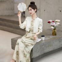 2024年春夏装新款新中式盘扣撞色小外套吊带裙两件套套裙