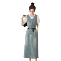 现货牛仔拼接连衣裙女新款高级感气质收腰中长款裙子白T恤套装