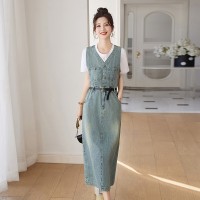 现货牛仔拼接连衣裙女收腰中长款裙子白T恤套装2477