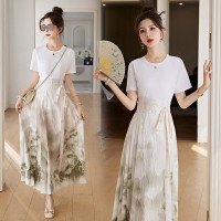 现货新中式套装夏季女装2024年复古马面裙印花高腰半身长裙两件套