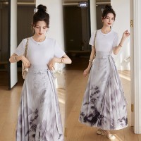现货新中式套装夏季女装2024年复古马面裙印花高腰半身长裙两件套