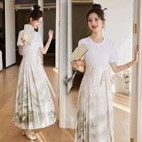 现货新中式套装夏季女装2024年复古马面裙印花高腰半身长裙两件套
