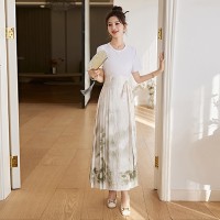 现货新中式套装夏季女装2024年复古马面裙印花高腰半身长裙两件套
