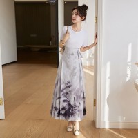 现货新中式套装夏季女装2024年复古马面裙印花高腰半身长裙两件套