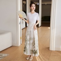 现货新中式套装夏季女装2024年复古马面裙印花高腰半身长裙两件套