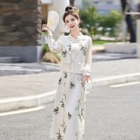 2024年春夏季新款新中式盘扣流苏印花撞色小外套半裙两件套套裙