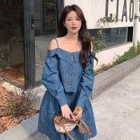 现货套装女2024春夏女装韩版时尚气质露肩吊带上衣+半身裙套装
