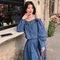 现货套装女2024春夏女装韩版时尚气质露肩吊带上衣+半身裙套装
