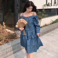 现货套装女2024春夏女装韩版时尚气质露肩吊带上衣+半身裙套装