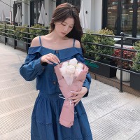 现货2024春夏甜美风露肩吊带上衣+蕾丝花边拼接伞裙时尚套装
