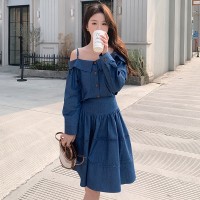 现货2024春夏甜美风露肩吊带上衣+蕾丝花边拼接伞裙时尚套装