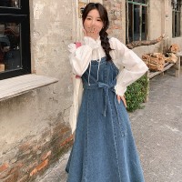 现货·2024春夏甜美可爱风白色蕾丝花边衬衫+牛仔背心裙时尚套装