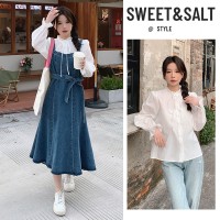 现货·2024春夏甜美可爱风白色蕾丝花边衬衫+牛仔背心裙时尚套装