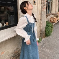现货·2024春夏甜美可爱风白色蕾丝花边衬衫+牛仔背心裙时尚套装