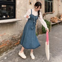现货·2024春夏甜美可爱风白色蕾丝花边衬衫+牛仔背心裙时尚套装