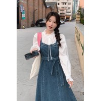 现货·2024春夏甜美可爱风白色蕾丝花边衬衫+牛仔背心裙时尚套装