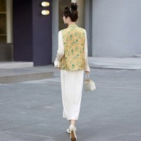 新中式改良复古禅意唐装印花马甲开衫上衣三件套装女2024春季新款