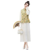新中式改良复古禅意唐装印花马甲开衫上衣三件套装女2024春季新款