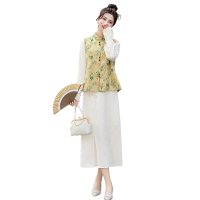 新中式改良复古禅意唐装印花马甲开衫上衣三件套装女2024春季新款