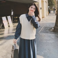 【2024现货】二件套连衣裙配针织学院风送领结199
