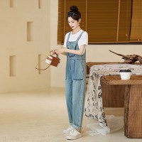 小个子牛仔背带裤套装女2024春夏活泼减龄休闲时尚直筒裤子两件套