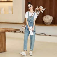 小个子牛仔背带裤套装女2024春夏活泼减龄休闲时尚直筒裤子两件套