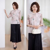 妈妈新中式套装夏装中年女士洋气小衫贵夫人真丝中袖上衣服两件套