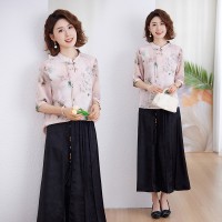 妈妈新中式套装夏装中年女士洋气小衫贵夫人真丝中袖上衣服两件套
