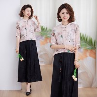 妈妈新中式套装夏装中年女士洋气小衫贵夫人真丝中袖上衣服两件套