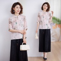 妈妈新中式套装夏装中年女士洋气小衫贵夫人真丝中袖上衣服两件套