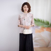 妈妈新中式套装夏装中年女士洋气小衫贵夫人真丝中袖上衣服两件套
