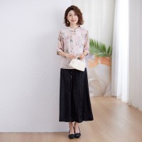 妈妈新中式套装夏装中年女士洋气小衫贵夫人真丝中袖上衣服两件套