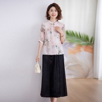 妈妈新中式套装夏装中年女士洋气小衫贵夫人真丝中袖上衣服两件套