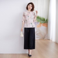妈妈新中式套装夏装中年女士洋气小衫贵夫人真丝中袖上衣服两件套