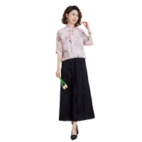 妈妈新中式套装夏装中年女士洋气小衫贵夫人真丝中袖上衣服两件套
