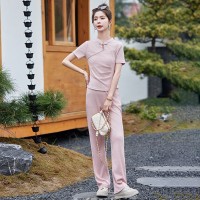 《48H发》新中式盘扣针织上衣裤子两件套套装