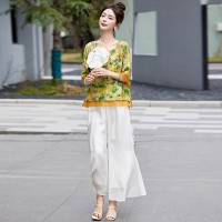 现货新中式套装女2024夏季新款优雅风范复古盘扣印花刺绣两件