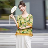 现货新中式套装女2024夏季新款优雅风范复古盘扣印花刺绣两件