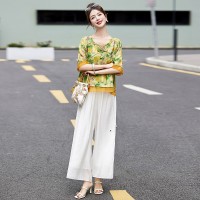 现货新中式套装女2024夏季新款优雅风范复古盘扣印花刺绣两件