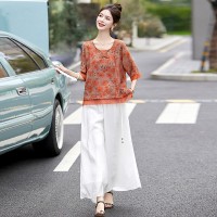 现货新中式套装女2024夏季新款优雅风范复古盘扣印花刺绣两件