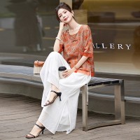 现货新中式套装女2024夏季新款优雅风范复古盘扣印花刺绣两件