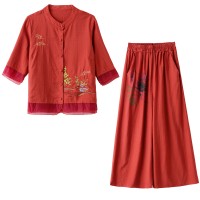 现货印花刺绣套装女2024夏装新款优雅时尚两件套