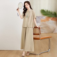 现货绣花盘扣套装女2024夏装新款时尚优雅两件套
