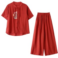现货绣花盘扣套装女2024夏装新款时尚优雅两件套