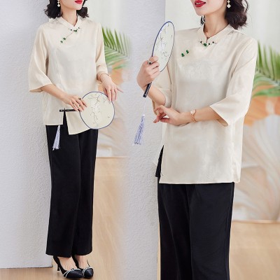 <!--现货2024夏季新中式盘扣女装宽松时尚印花衬衫两件套-->