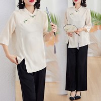 现货2024夏季新中式盘扣女装宽松时尚印花衬衫两件套