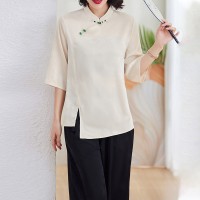现货2024夏季新中式盘扣女装宽松时尚印花衬衫两件套