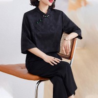 现货2024夏季新中式盘扣女装宽松时尚印花衬衫两件套