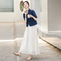 新中式盘扣短袖牛仔外套+纱纱半身裙2024夏季新款休闲时尚两件套