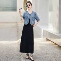新中式盘扣牛仔外套+针织吊带裙女2024夏季新款休闲时尚两件套